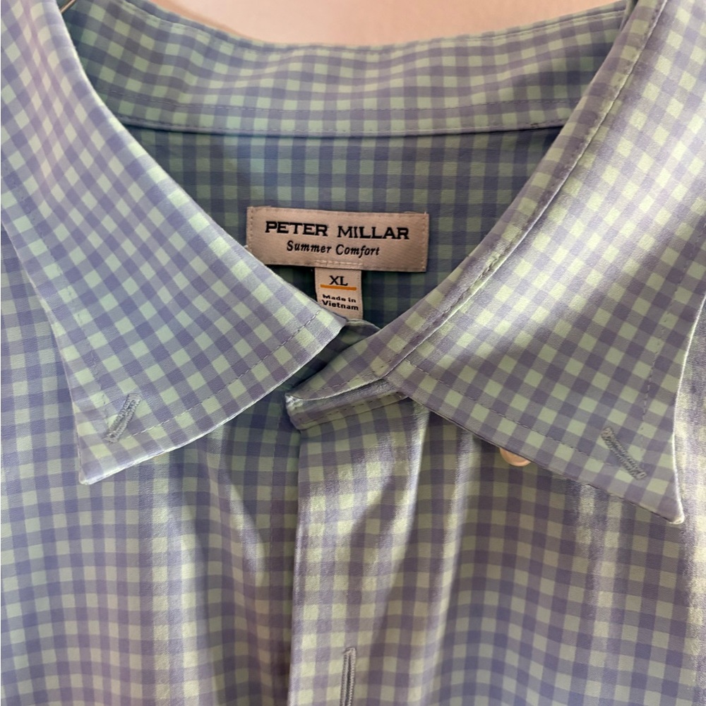 Peter Millar Men's Light Green Checkered Button Down Shirt